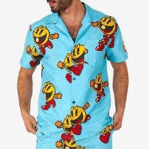 OPPO SUITS MEN’S PAC-MAN ALL OVER PRINT WOVEN BUTTON DOWN SHIRT BLUE - L